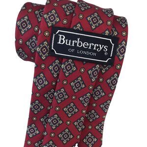 Vintage Burberrys of London Silk Tie Red Geometric Equestrian Knight Logo Men's